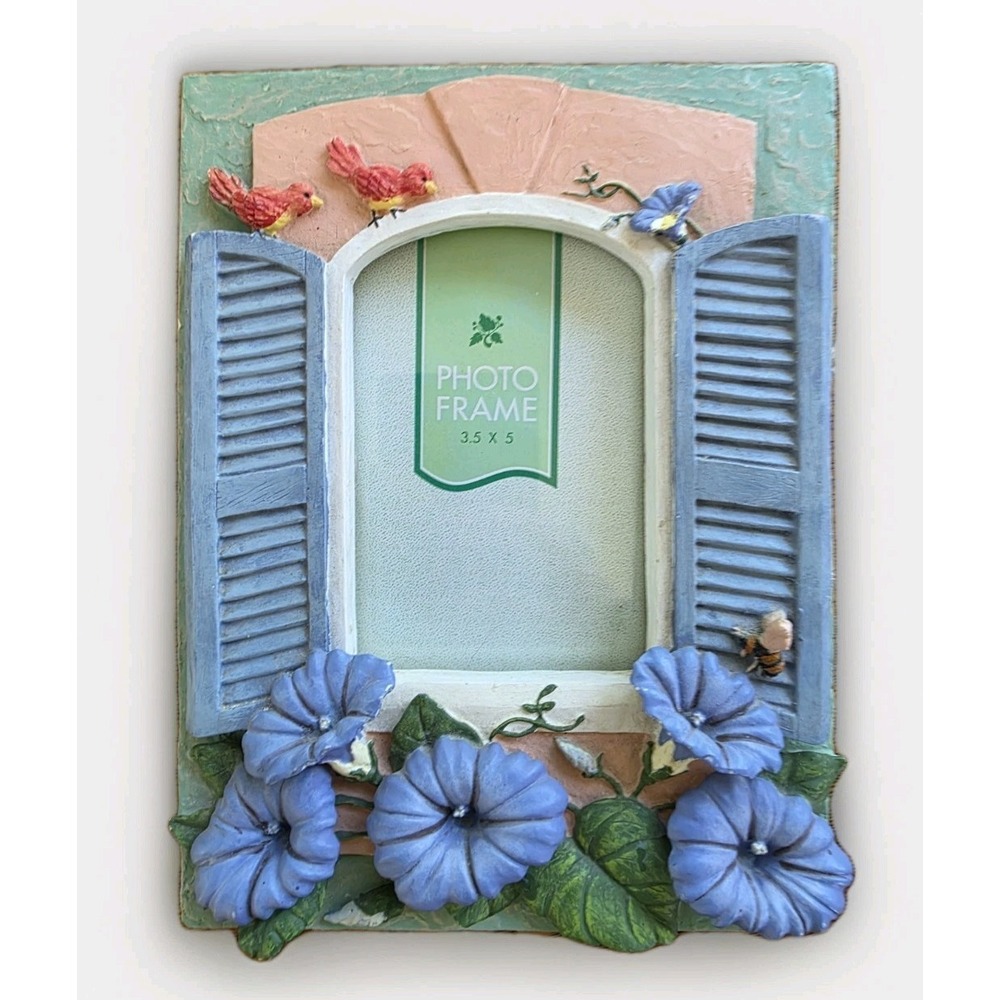 Vintage Cottagecore Floral Photo Frame Birds Bee Blue Shutters 3.5x5 Shabby Chic